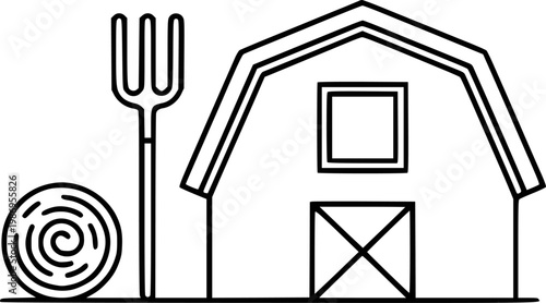 Simple line barn, hay bale, and pitchfork white background, farm