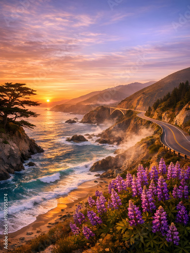 Scenic coastal sunset view with colorful flowers and winding road along cliffs