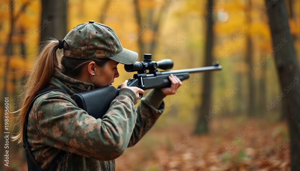 Fototapeta premium Woman in camouflage aims rifle with scope in autumn woods. Focused hunter prepares for shot, ready for wildlife pursuit. Female enjoys outdoor sport, targets potential prey.