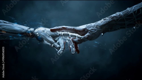 Human Hand Reaches out Towards Robotic Hand on Dark Background Creating a Connection in a Moment of Interaction