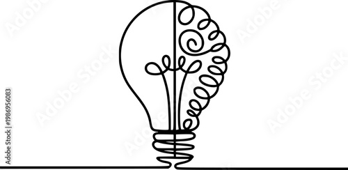 Single line of a lightbulb merging with a brain, symbolizing ideas and innovation