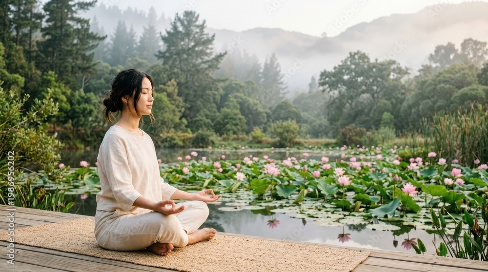 Fototapeta premium Serene woman meditating by a tranquil pond filled with blooming lotus flowers