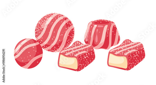 Five pieces of vibrant red and white striped gummy candies with creamy white fillings are lightly dusted with sugar crystals against a plain white backdrop.