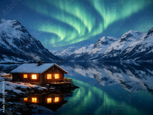 Snowy cabin by serene lake with aurora borealis display in night sky
