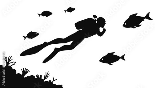 Silhouette of scuba diver swimming underwater with fish and coral reef marine life ocean exploration adventure concept