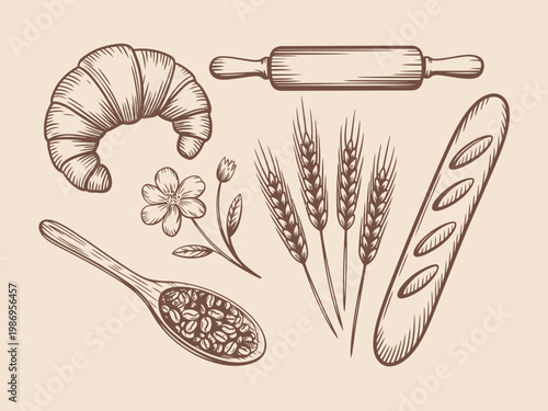 Vintage bakery croissant, baguette, wheat, rolling pin, coffee beans, and flower