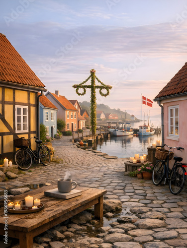 quaint danish harbor village with cobblestone street and traditional houses