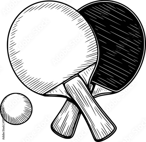 Vintage style ping pong paddles and ball white background, hand drawn table tennis