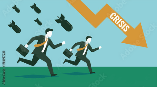 Businessmen running from crisis with bombs falling, symbolizing economic downturn