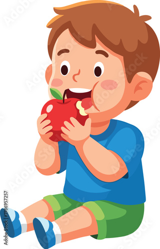 Cartoon Style Detailed Illustration of Boy Eating Red Apple Fruit