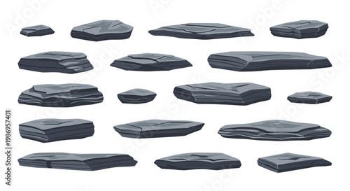 A comprehensive collection of diverse flat grey sedimentary rock slabs featuring distinct horizontal layering and rough textures isolated on white.