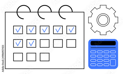 Task planning, productivity, time management, business efficiency, scheduling, workflow optimization. Calendar with marked checkboxes, calculator gear graphic. Task planning and productivity