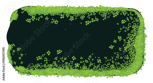A vibrant rectangular composition featuring a thick border of tiny green duckweed plants floating on dark stagnant water within a clean white setting.
