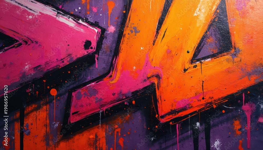Fototapeta premium Vibrant abstract graffiti art. Bold pink and orange strokes splash across purple background. Dynamic urban texture with paint splatters and drips creates energetic modern style.