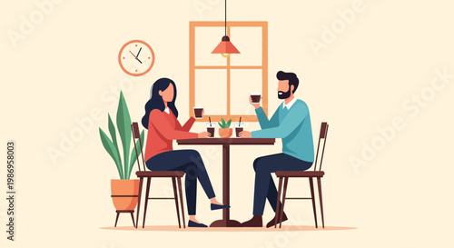 Couple enjoy drinks together at a wooden table in a cozy cafe during afternoon