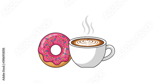 A delicious pink glazed donut with vibrant sprinkles rests beside a steaming white ceramic cup of latte featuring intricate heart-shaped foam art.