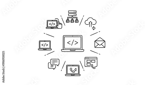 Laptop workflow outline icons vector with coding cloud data transfer and communication editable stroke set