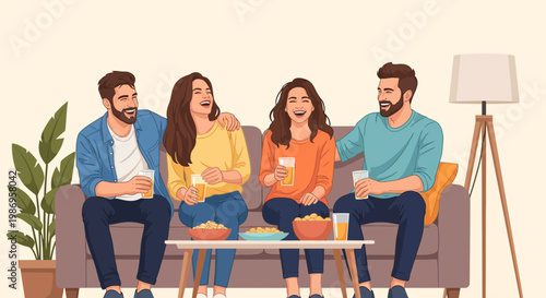 Friends sitting together on a sofa enjoying drinks and snacks in a cozy indoor setting during a casual gathering
