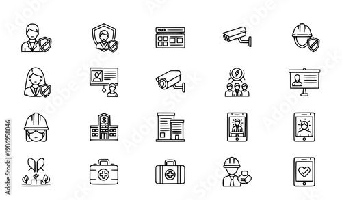 Workplace safety web outline icon set vector with security monitoring access control and health protection editable stroke