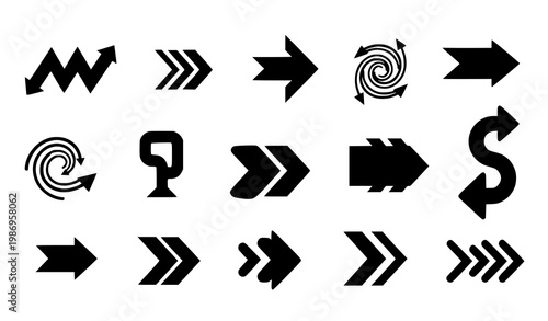 Creative flat arrow set vector with zigzag spiral and abstract directional shapes for modern design