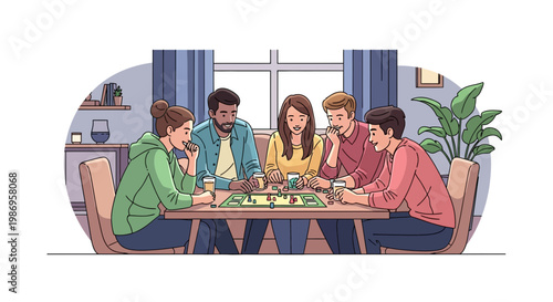 Friends gather around a table for a fun board game night in a cozy indoor setting