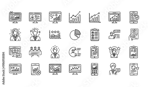 Survey analytics outline icon set vector with feedback dashboard rating chart poll review editable stroke design