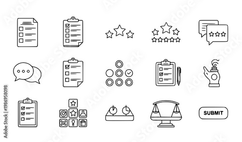 Survey feedback outline icon set vector with questionnaire rating review form editable stroke linear collection