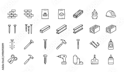 Building materials outline icon set vector with bricks cement wood steel tools editable stroke linear collection