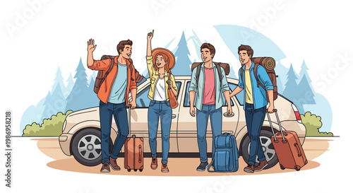 Friends ready for a road trip adventure near a car and mountains in the background on a sunny day