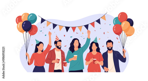 People celebrate with balloons and drinks at a party with decorations and festive attire during a joyful occasion