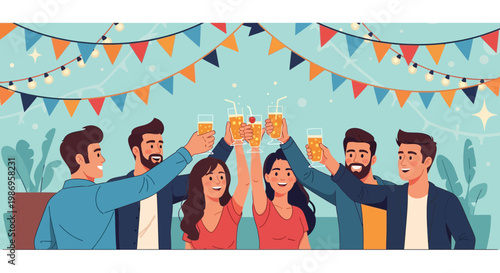 Friends celebrate together with drinks at a party under colorful decorations in a lively setting