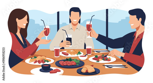 Friends enjoy food and drinks together at a restaurant in the city during a sunny day in the afternoon