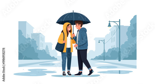 Couple stands together under an umbrella in the street during rain near buildings and trees
