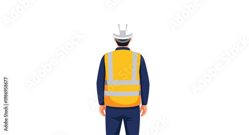 A male construction professional stands with his back turned while wearing a protective white hard hat and a high-visibility yellow safety vest with stripes.