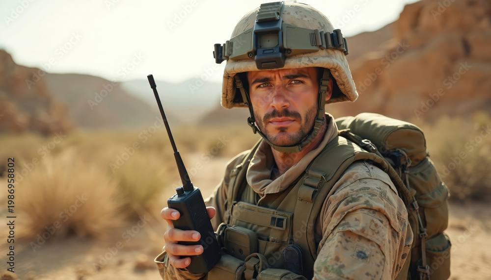 Naklejka premium Soldier in desert uniform holds radio. Military man with helmet and backpack contacts unit. Focused army personnel on mission communication. Warrior with tactical gear checks comms.