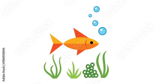 A vibrant orange and yellow geometric fish swims gracefully through clear water above lush green seaweed while blue bubbles float towards the surface.