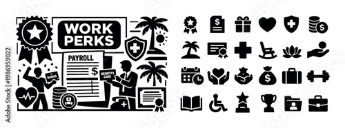 Work perks and employee benefits icons collection for business and HR