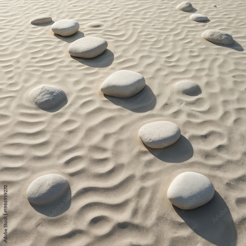 Obraz premium Smooth white stones rest on rippled sand surface. Natural zen garden creates serene, balanced minimalist backdrop. Peaceful beach scene promotes calm and relaxation.