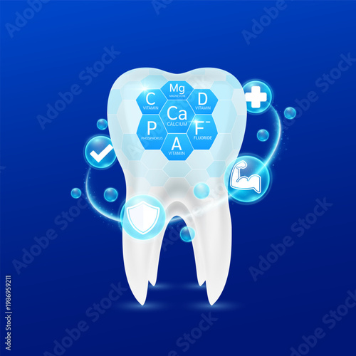 Minerals Calcium Phosphorus Fluoride Magnesium and Vitamin A in a hexagonal grid for clean, white enamel. Surround checkmark shield and plus sign. Healthy tooth root. Dentist or dentistry. Vector.