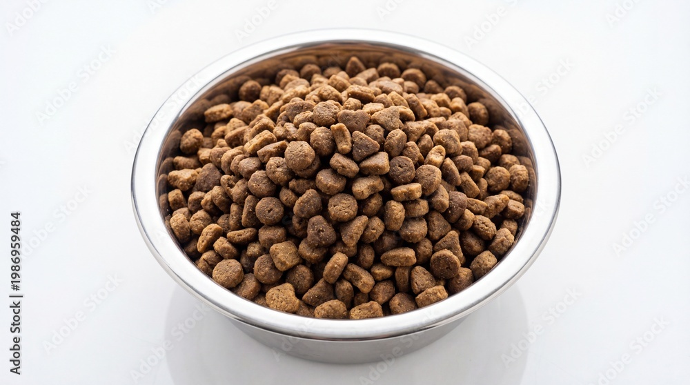 Fototapeta premium A shiny stainless steel bowl filled to the brim with crunchy brown dry pet food kibble pieces