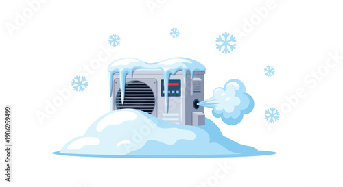 A grey outdoor air conditioning unit is completely buried in a thick pile of snow and hanging icicles while blowing out a cold white vapor cloud.