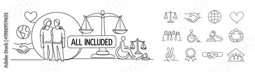 Illustrating social equality and inclusion with diverse symbols and people