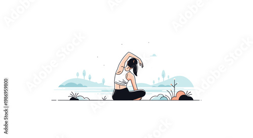 A solitary woman wearing a white tank top and black leggings performs a seated side stretch while overlooking a serene minimalist landscape with water.