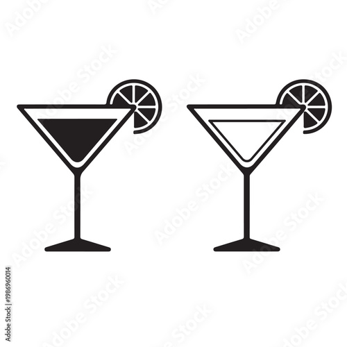 Martini glass cocktail icons set with lemon slice; line and solid fill vector illustration of a martini drink for menu or bar signage.