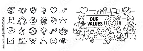 Business core values and principles illustrated with icons and characters