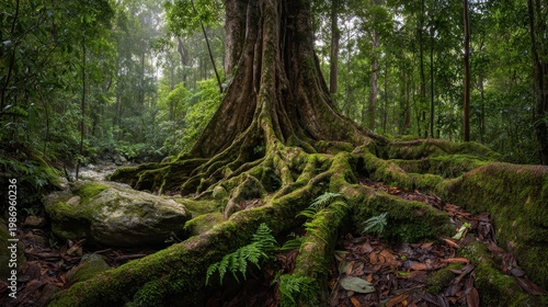 Mossy jungle scene featuring a venerable tree and a vast root system