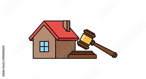 A brown house featuring a bright red roof and blue window panes stands next to a polished wooden legal gavel and sound block on a plain white background.