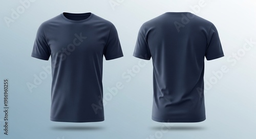 Dark navy blue short-sleeved t-shirt mockup front and back views isolated on gradient background