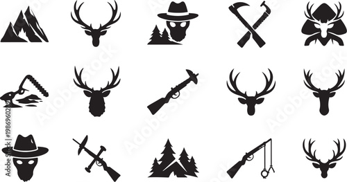Hunting and outdoor adventure icons and symbols set