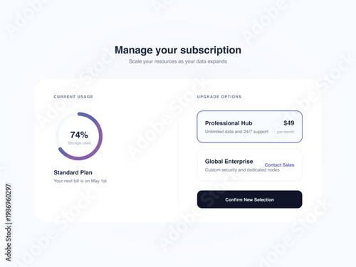 Subscription management interface, upgrade options, plan details, vector illustration
